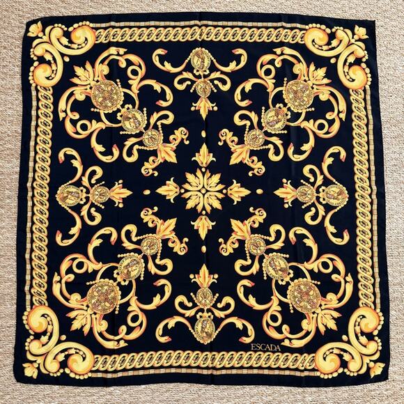 Escada Accessories - Escada Baroque Gold Black Silk Scarf 34”x35”